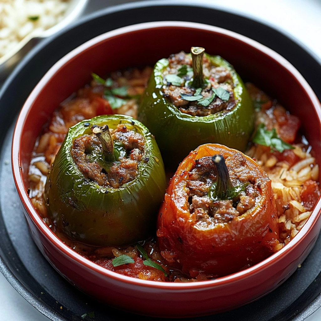 Poivrons verts cuits au four: garnis de boeuf haché et riz, sur sauce tomate maison