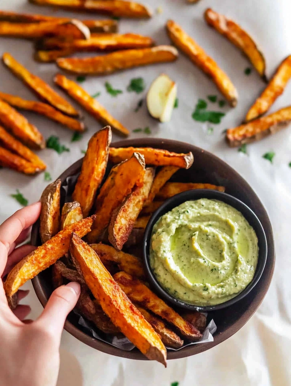 Frites de patates douces et dip à l'avocat dans un bol