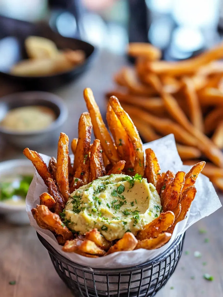 Un panier Frites de patates douces et dip à l'avocat