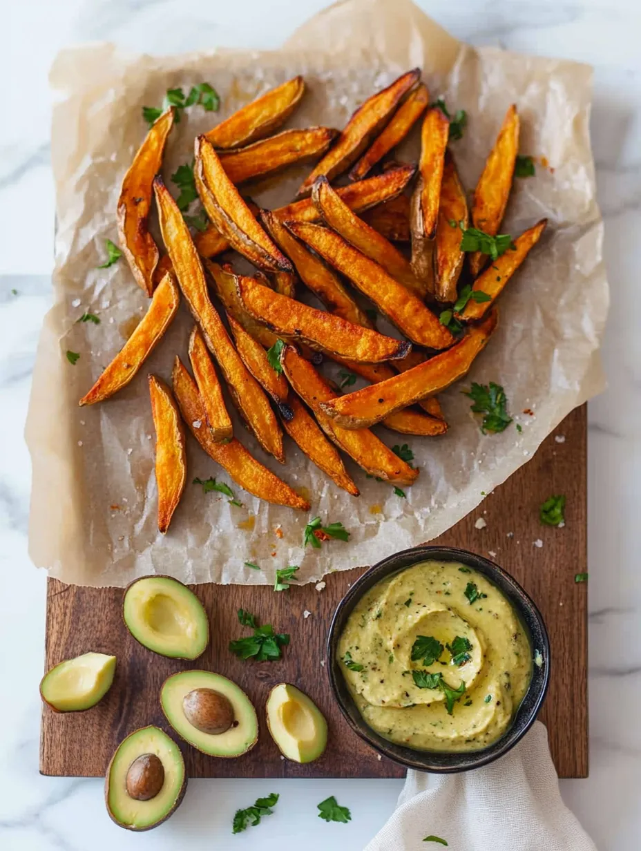 Frites de patates douces et dip à l'avocat prêtes à servir