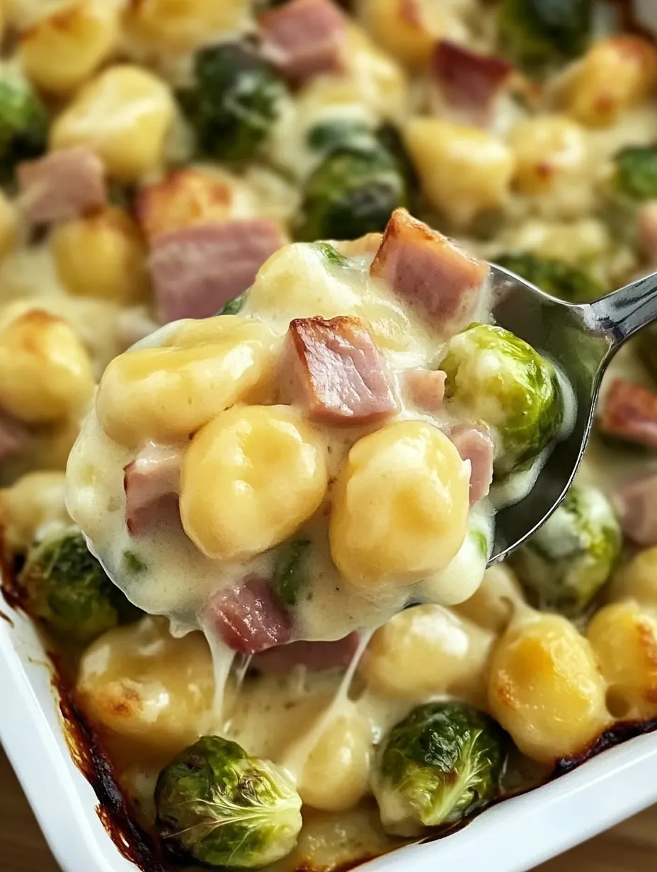 Gratin de gnocchis aux choux de Bruxelles et jambon