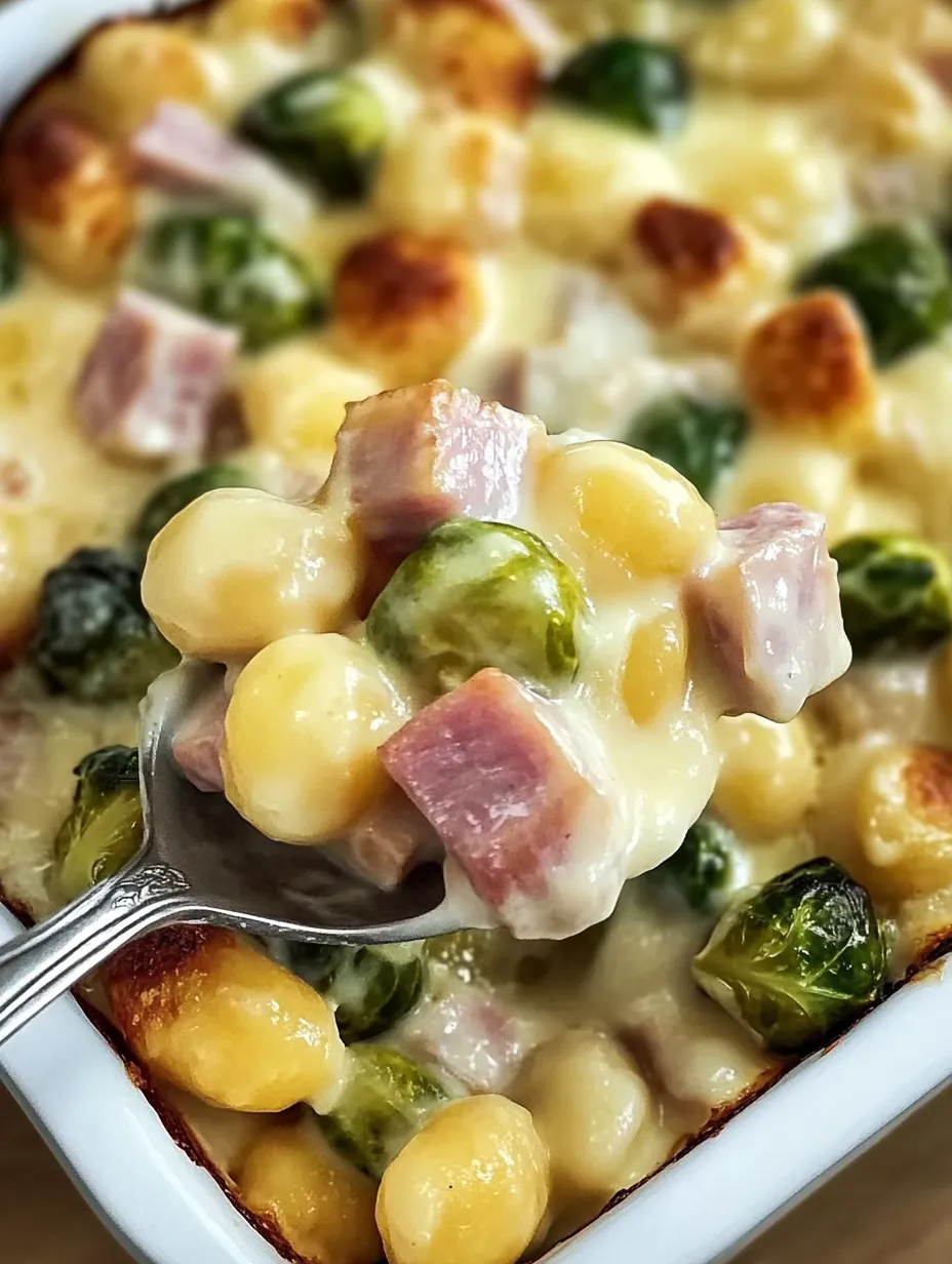 Gratin fondant de gnocchis avec choux de Bruxelles et jambon
