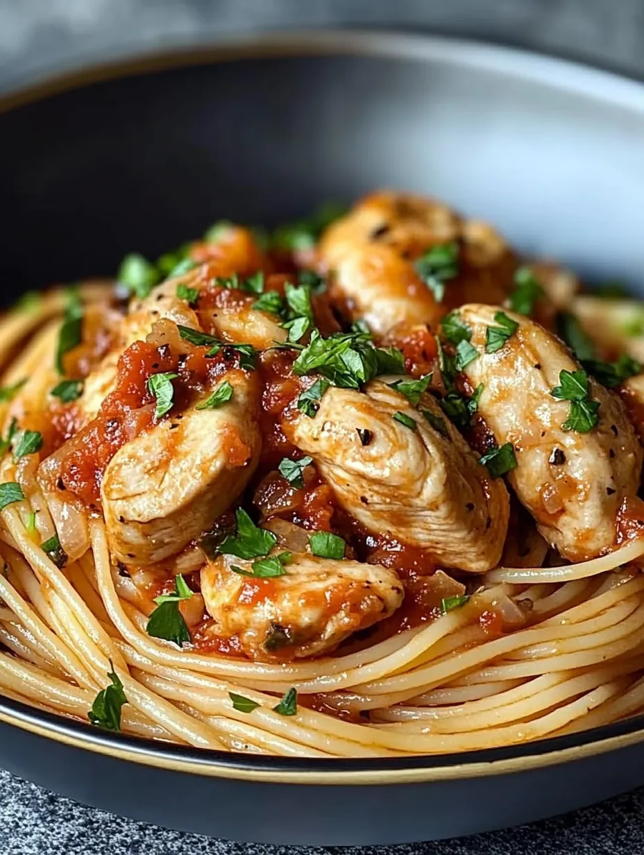 Spaghetti au Poulet Monterey Jack dans une assiette crémeuse