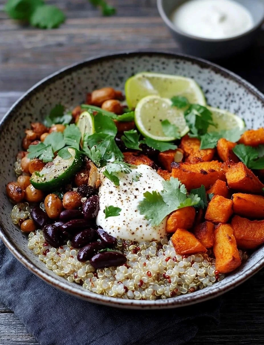 Bol de quinoa aux patates douces et haricots