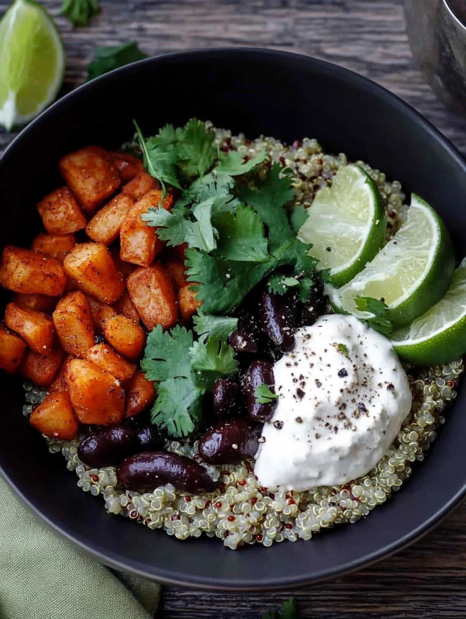 Bol de quinoa sain avec patates douces et haricots noirs
