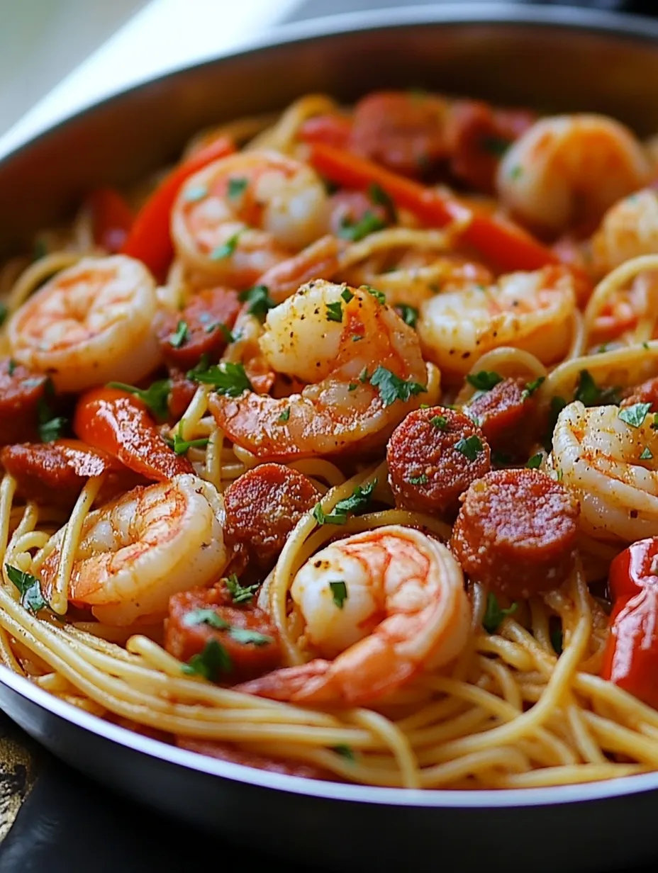Spaghetti super gourmands avec poivron, chorizo et crevettes