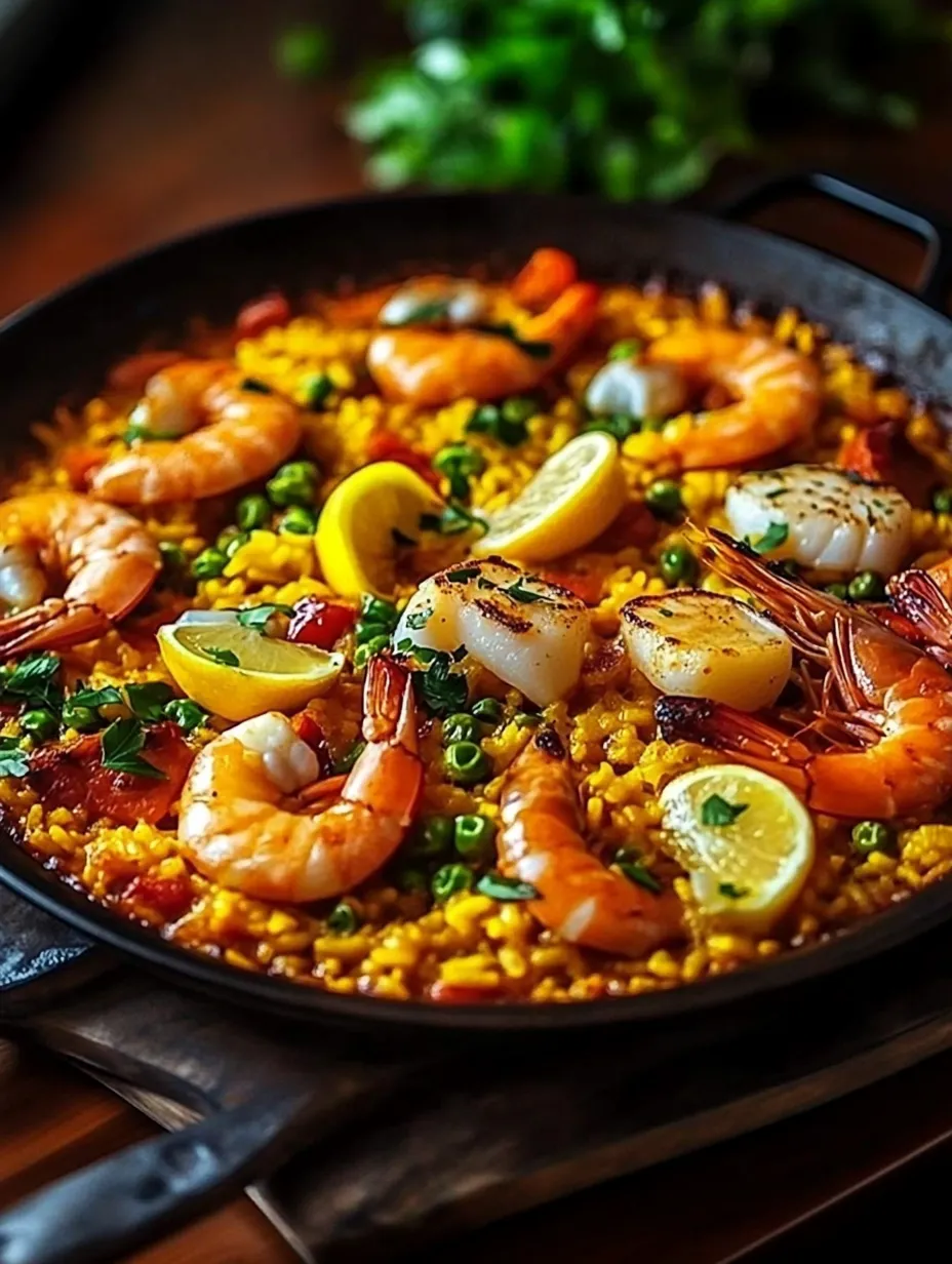 La paella, célèbre plat d'Espagne avec safran, crevettes, calamars et moules.