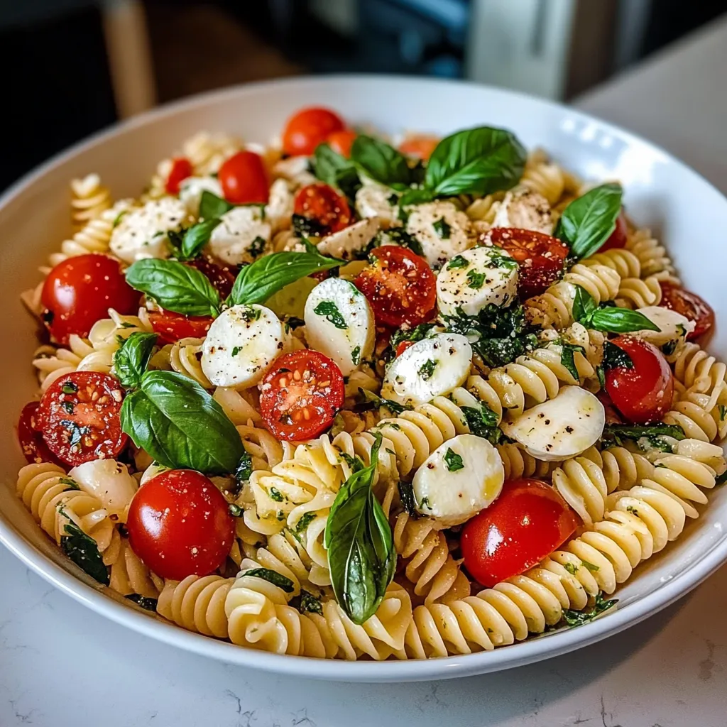 Une assiette de spaghetti garnie de tomates, basilic et fromages.