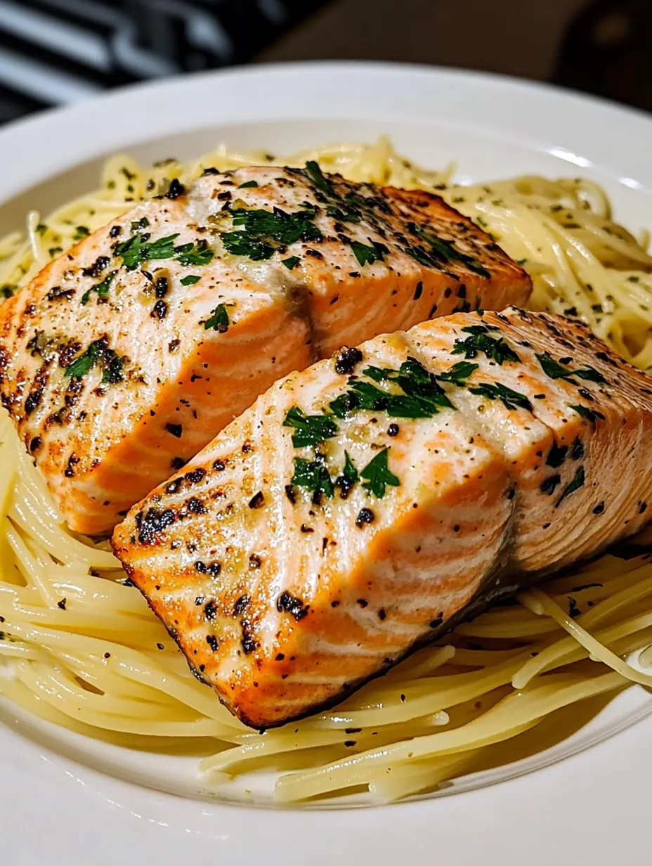Des morceaux de saumon grillé sur une pile de spaghetti.