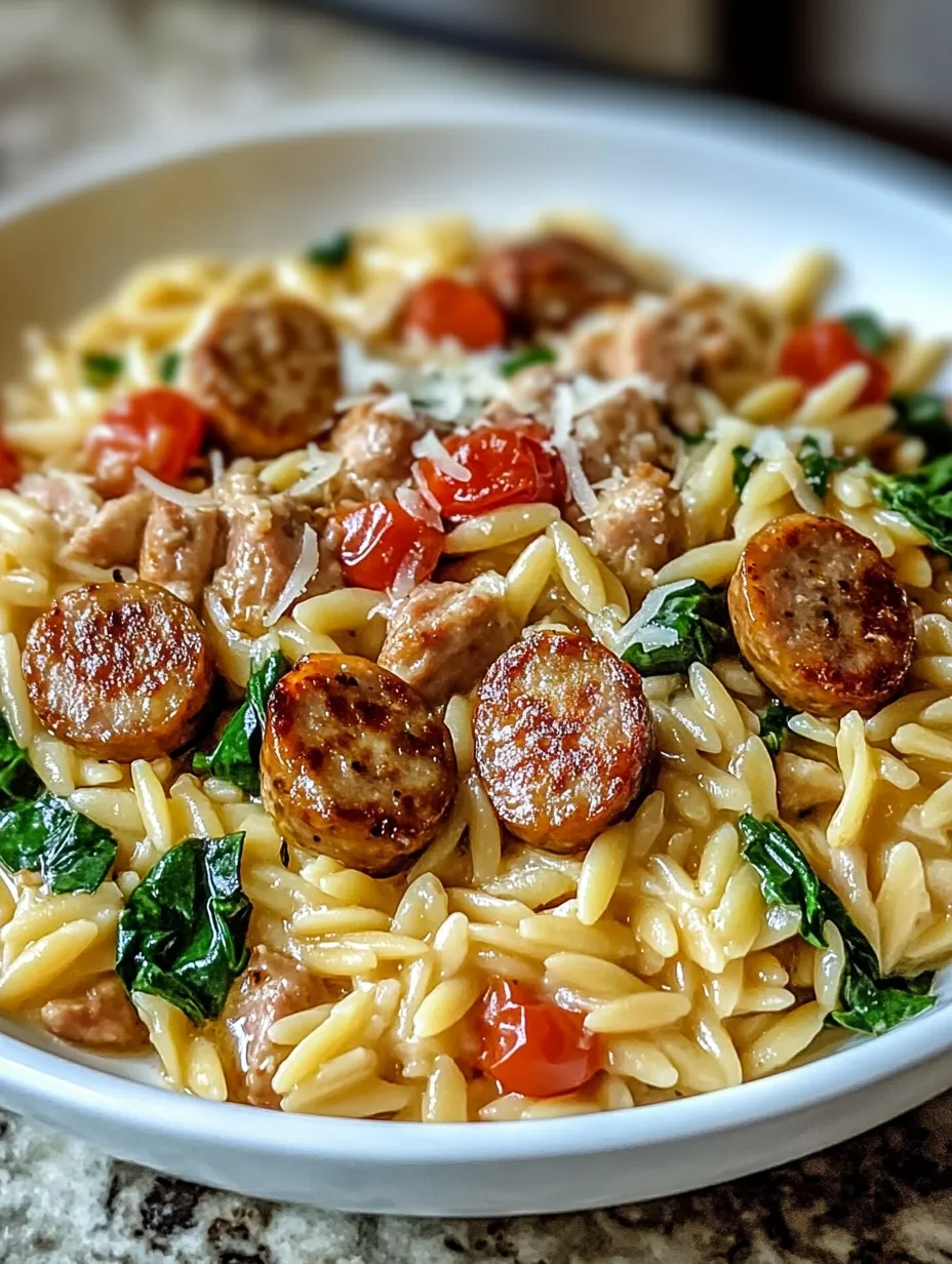 Une assiette de spaghetti avec des tomates et des saucisses.