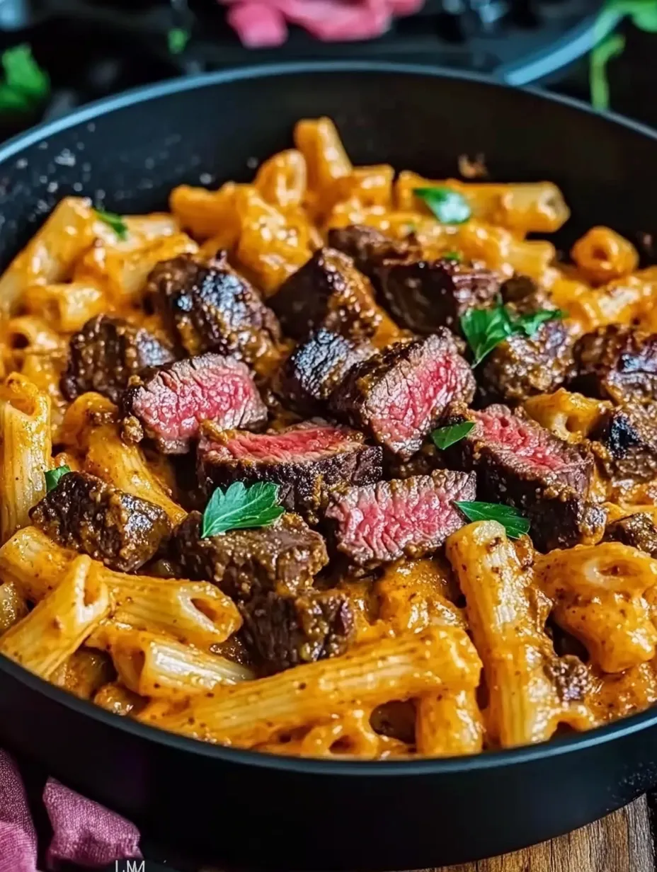 Une assiette appétissante de pâtes avec morceaux de viande rouge.