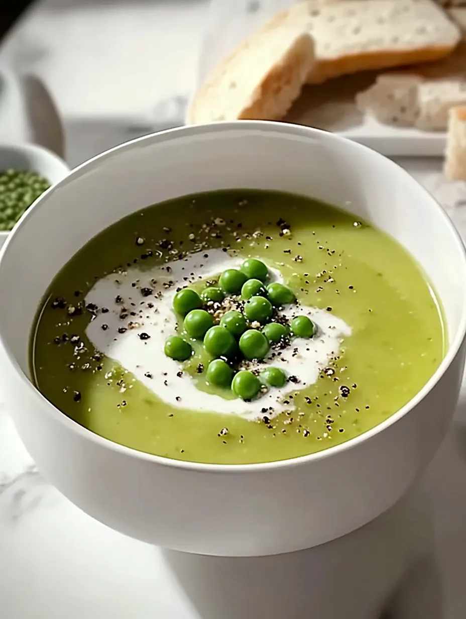 Un velouté vert garni de petits pois et de crème.