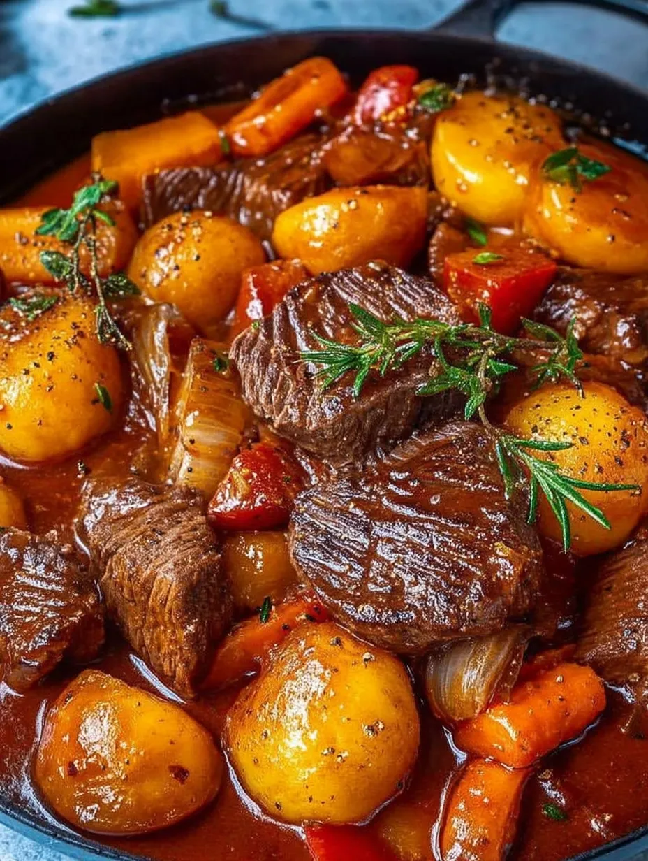 Une assiette de bœuf avec plein de légumes dans une sauce bien gourmande.