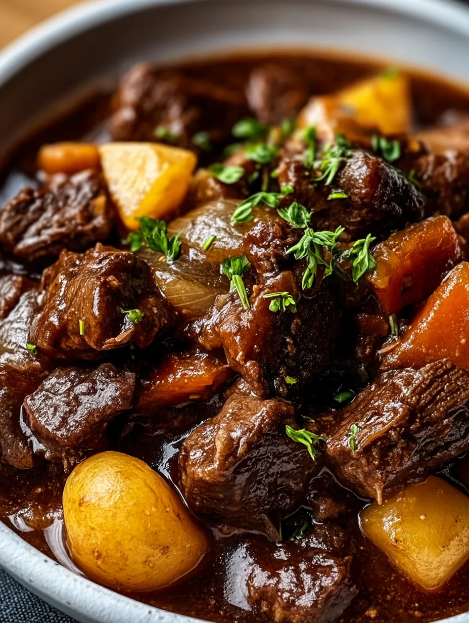 Photo d’un plat mijoté avec viande, légumes et quelques aromates.
