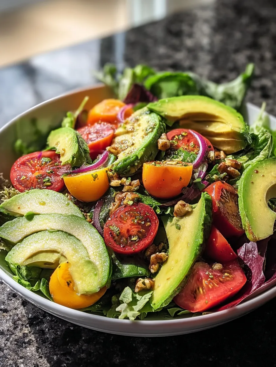Une salade de tomates, avocats et lardons, servie dans un bol sur une table.