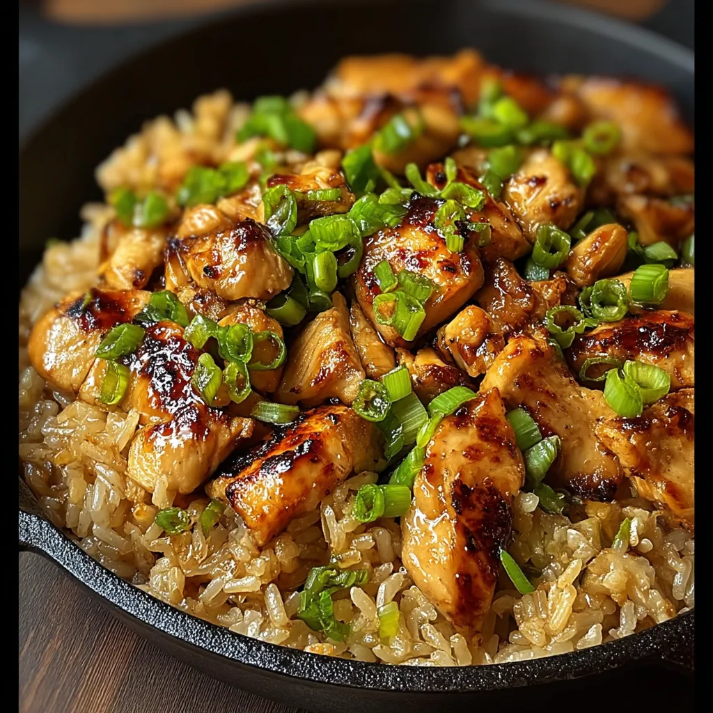 Bol de riz garni de blanc de poulet grillé et de lamelles de poivrons frais.