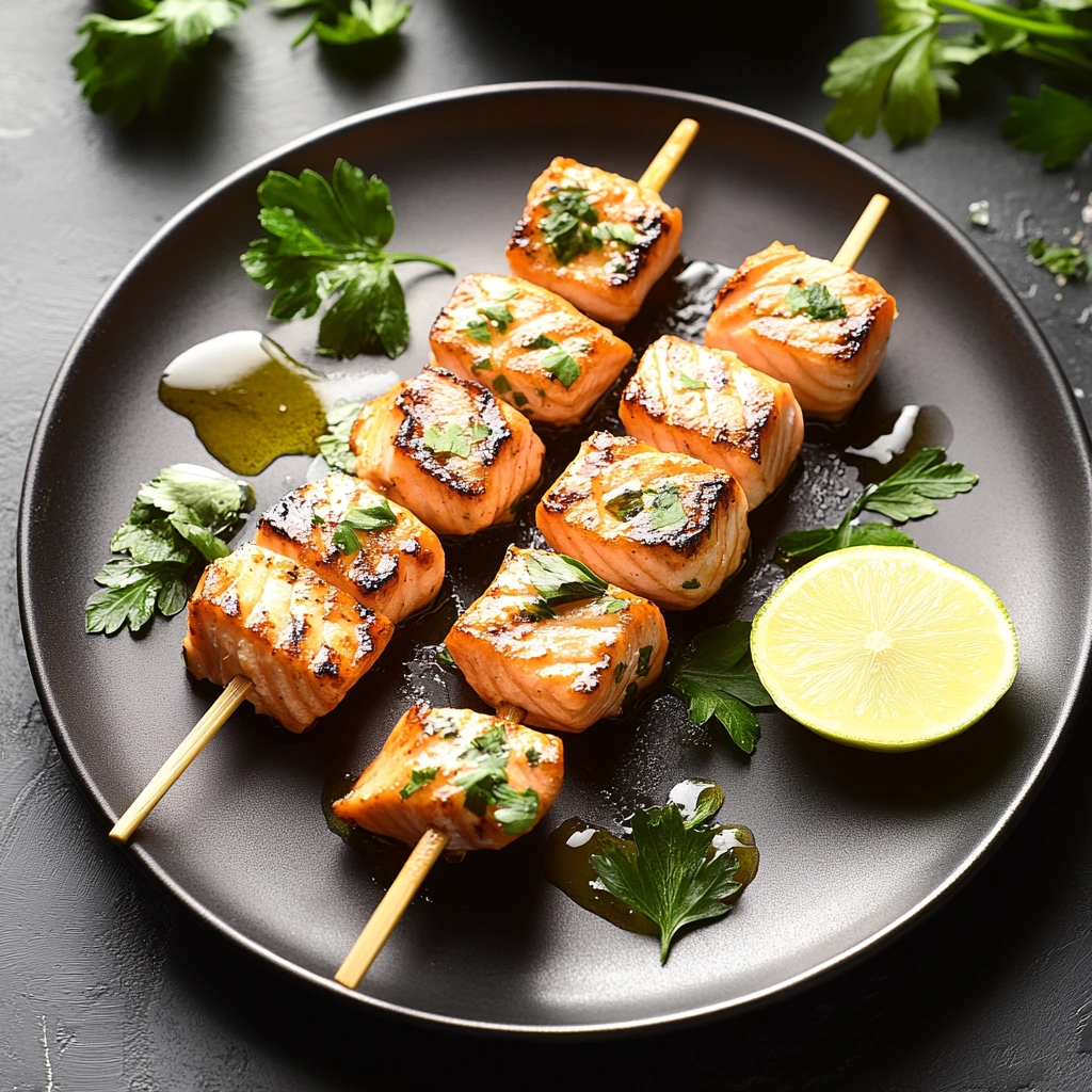 Morceaux de saumon grillés sur pic