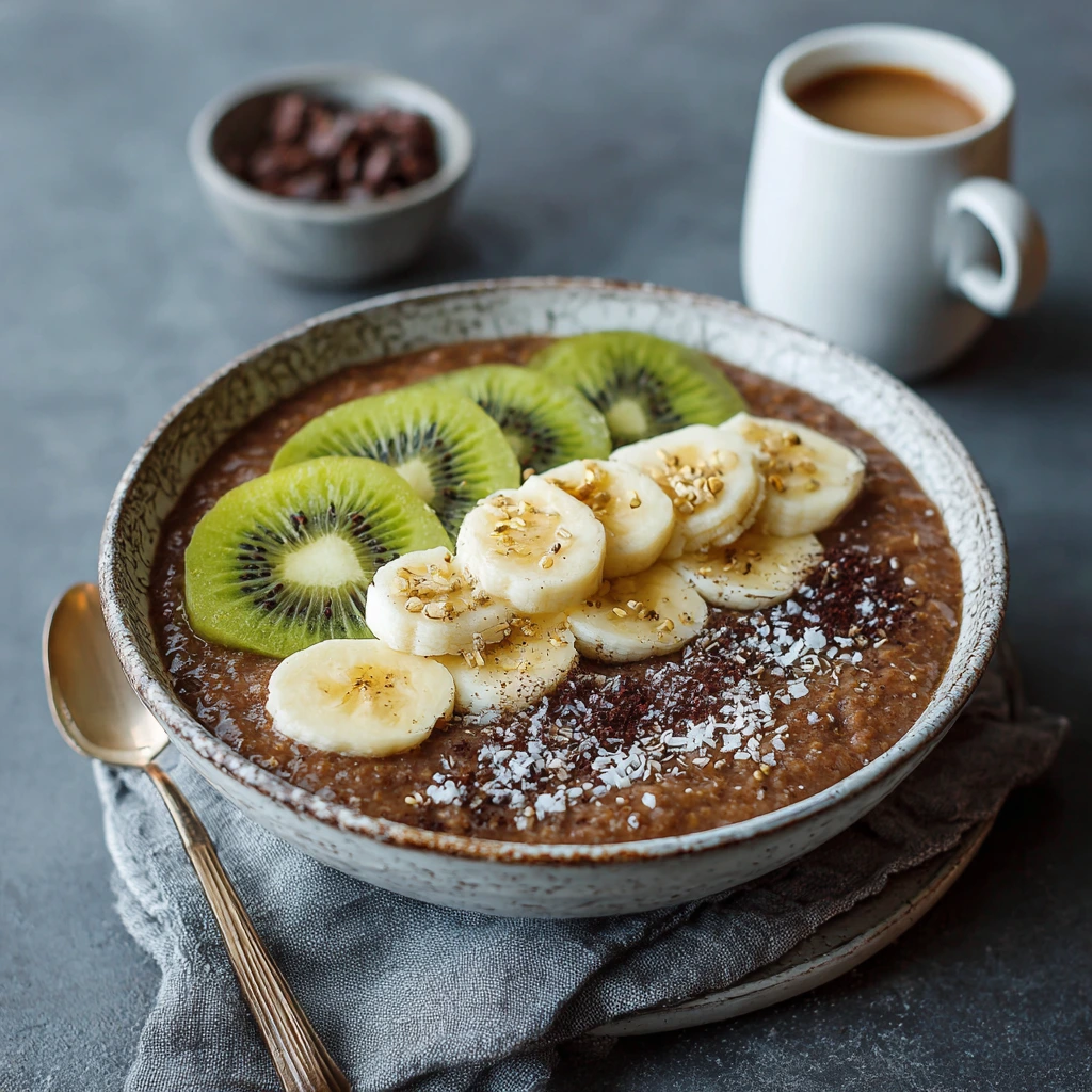Porridge chocolat, banane et kiwi