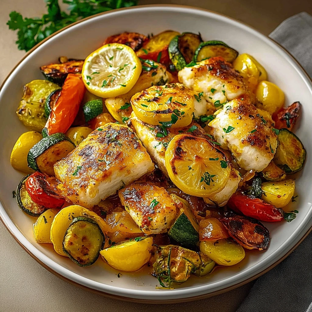 Une assiette de cabillaud et légumes au four.
