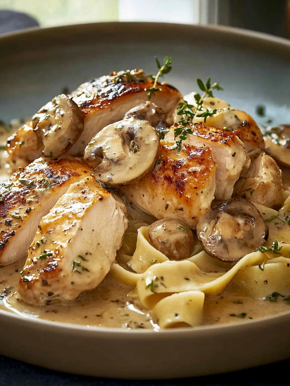 Une assiette de poulet émincé avec des champignons et moutarde.