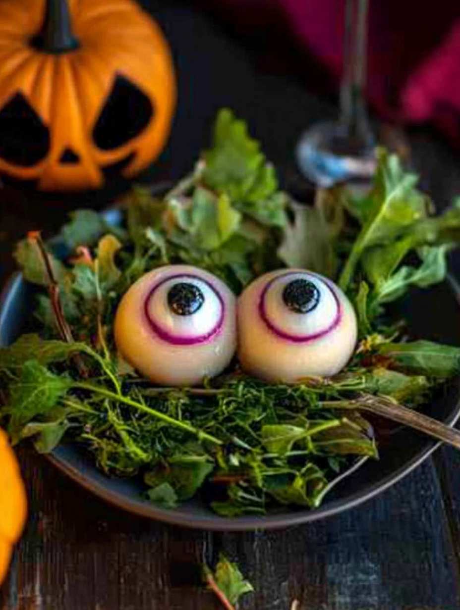Des oeufs Halloween à la betterave sur un plateau.