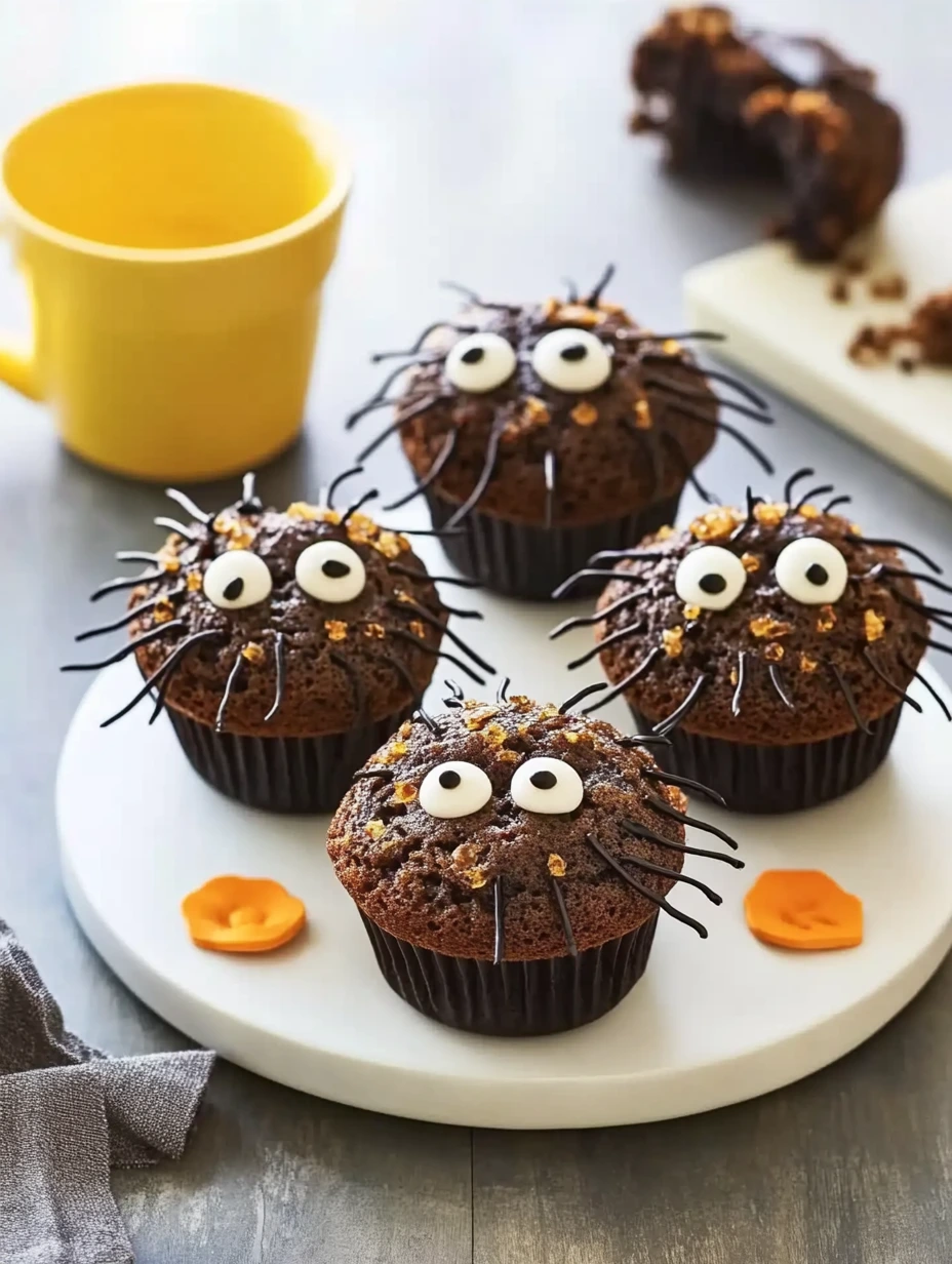 Des muffins avec des yeux faits de chocolat et des pépins de caramel, décorés avec des arachides, sont disposés sur un plateau.