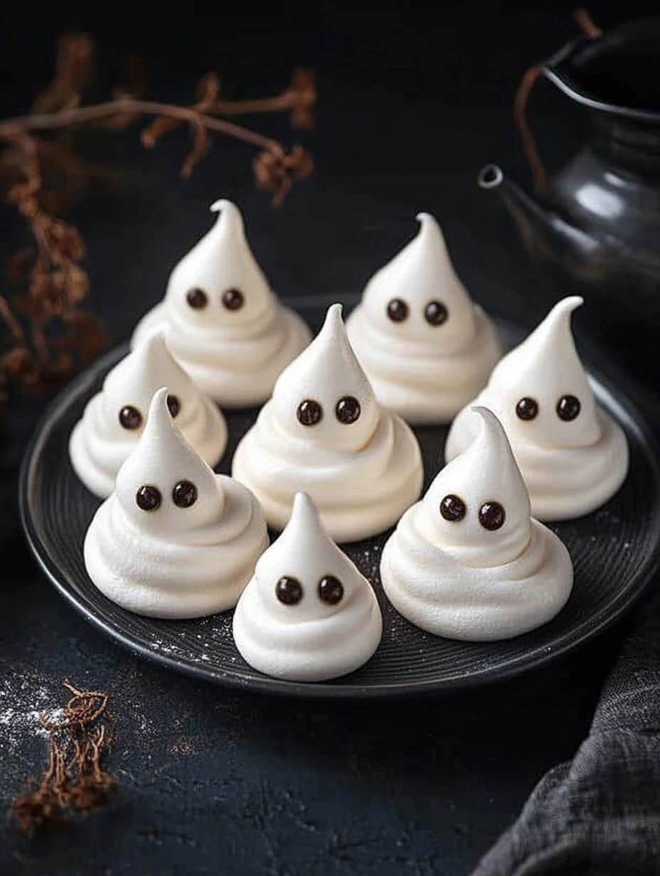 Une plaque de meringues fantômes Halloween.