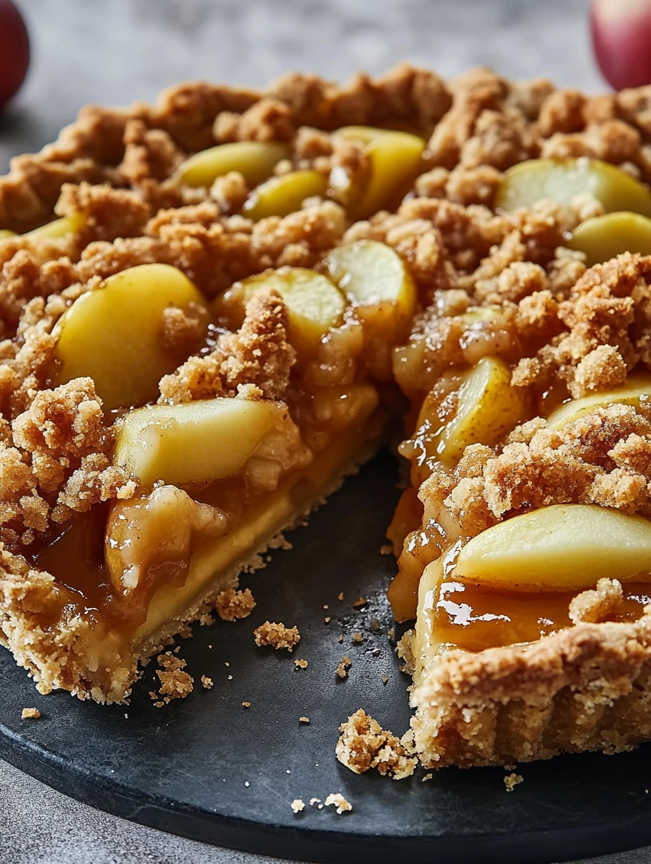 Une tarte aux pommes façon crumble facile, avec des pommes et du sucre, sur une plaque de cuisson.