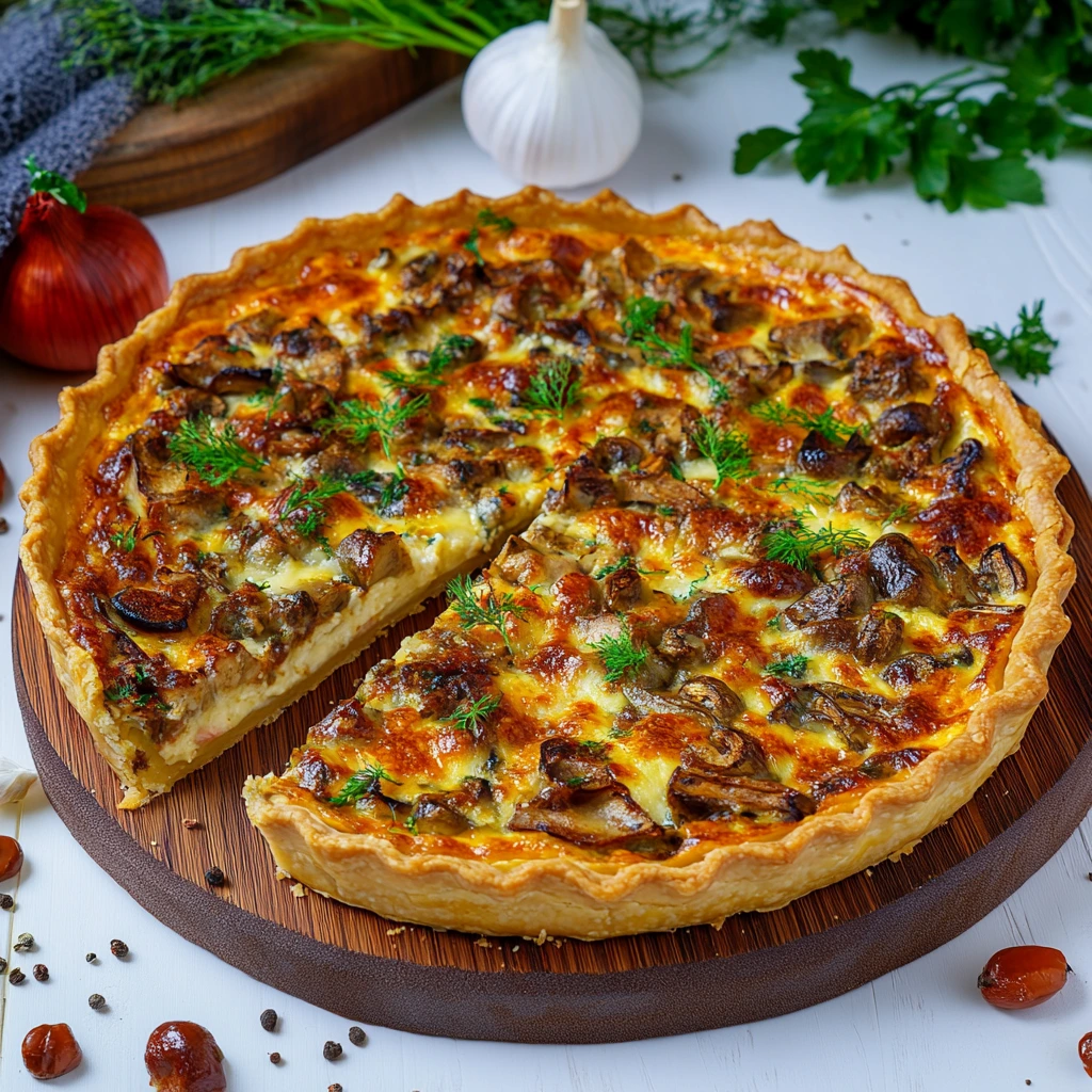 Une quiche au poulet, girolles et emmental.