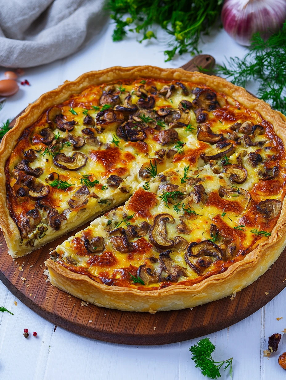 Une quiche au poulet, girolles et emmental.