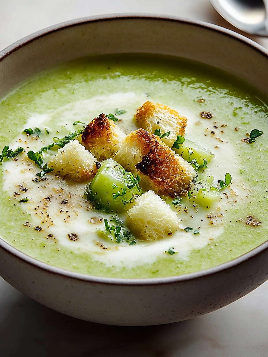 Une soupe aux poireaux et boursin est servie dans un bol en céramique.