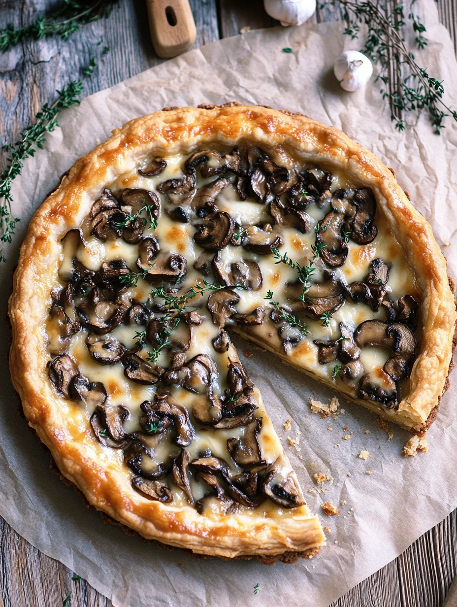 Une tarte aux champignons facile est servie sur une feuille de papier.
