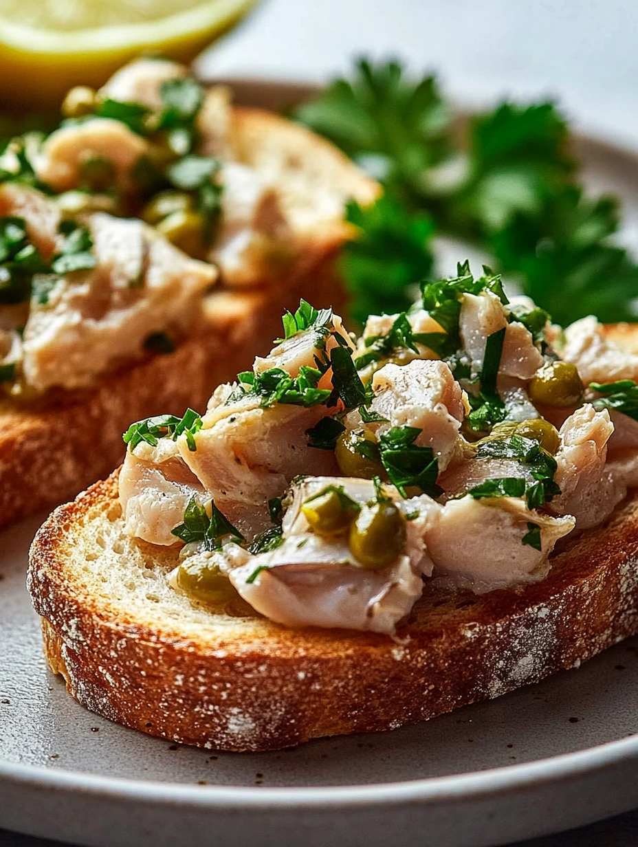 Une tranche de pain grillé avec des légumes verts et des morceaux de thon.