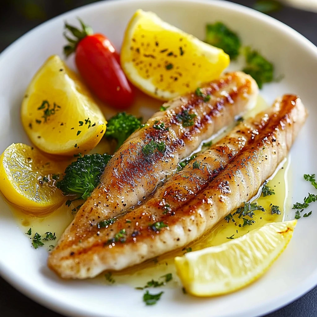 Une assiette de poisson grillé avec des légumes verts et des citrons.