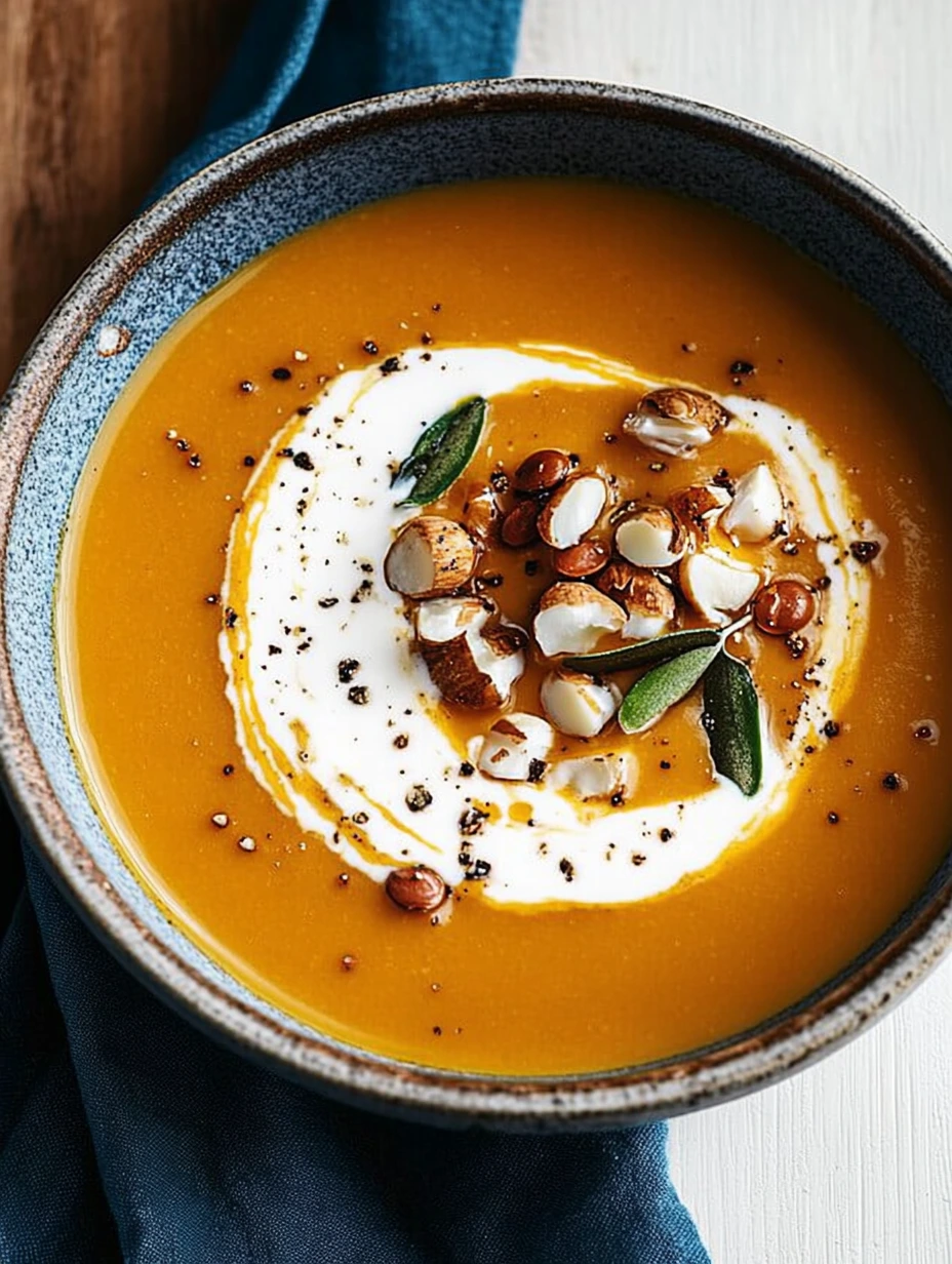 Une soupe onctueuse est servie dans un bol bleu. Elle est composée de potimarron, de lentilles, de noisettes et de crème.