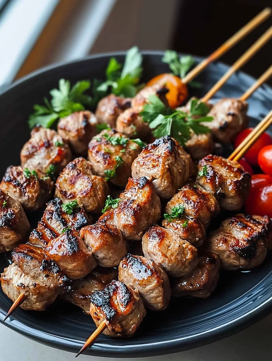 Des brochettes d'agneau marocain avec des herbes et des légumes.