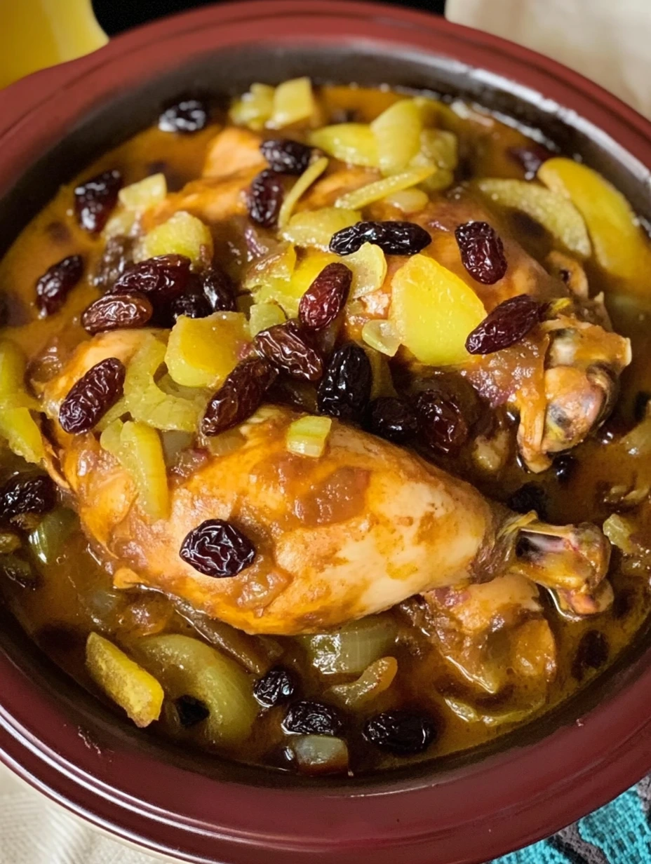 Une tajine de poulet aux oignons et raisins secs.