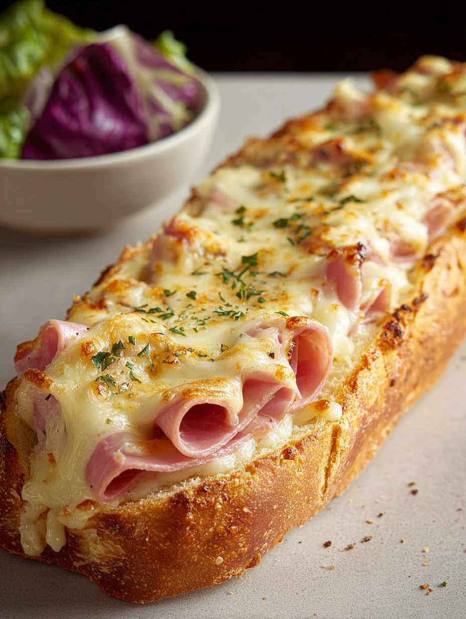 Une baguette gratinée au jambon de poulet et fromage.