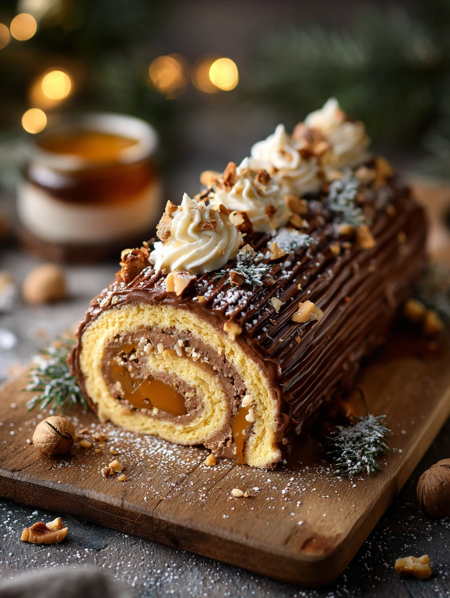 Une bûche de Noël délicieuse, recouverte de crème et de fruits, est servie sur un plateau.