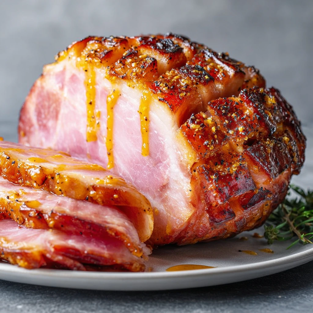 Un plat de jambon de Noël avec une sauce moutarde et miel.