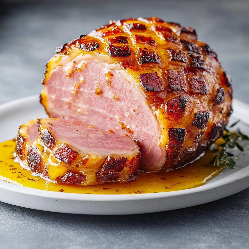 A plate of ham with mustard and honey.