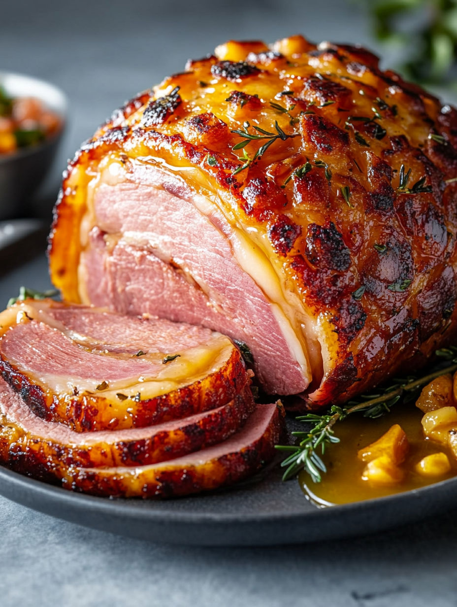 A large roasted ham with a glaze.