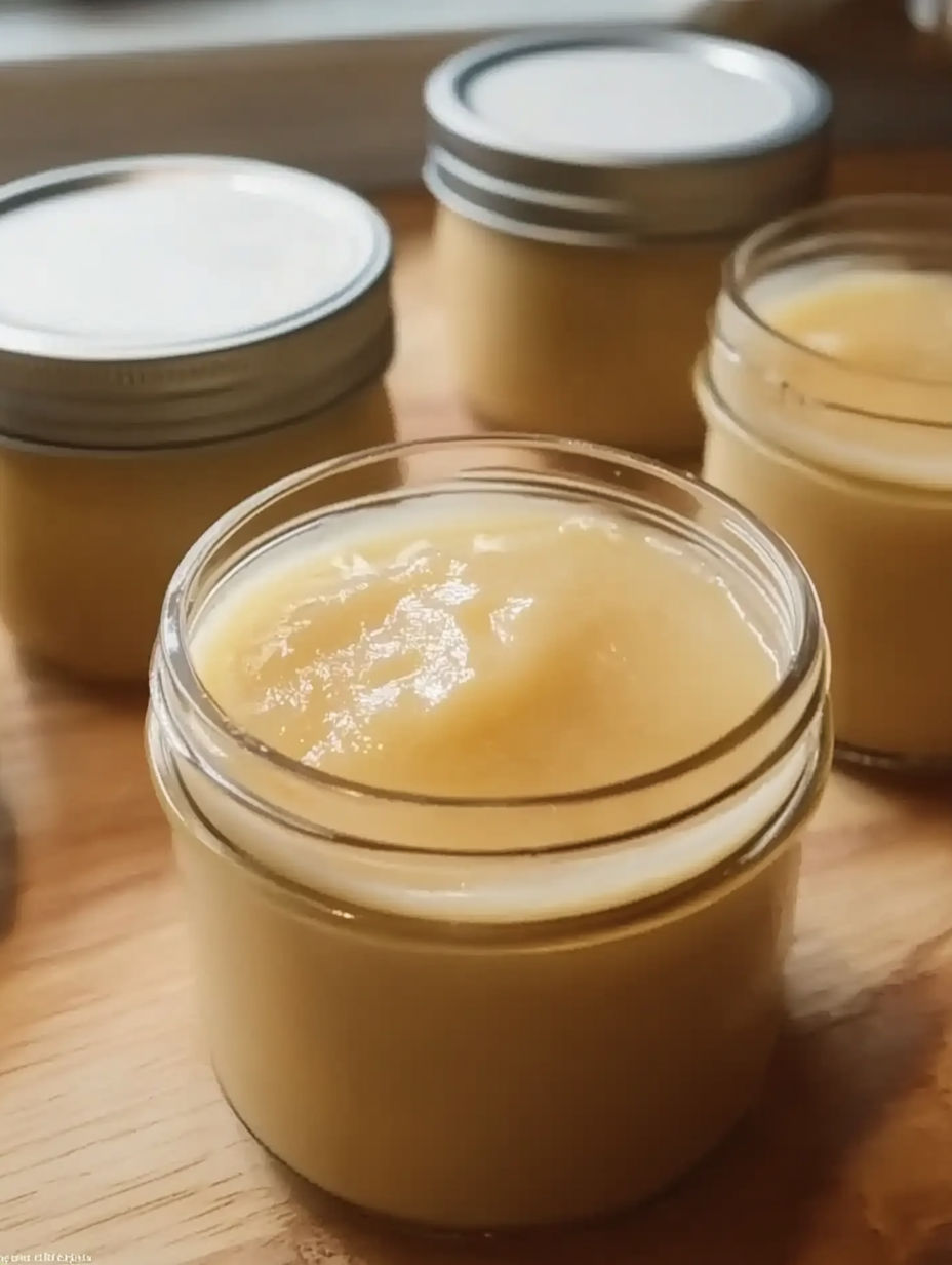 A jar of butter with a golden color.