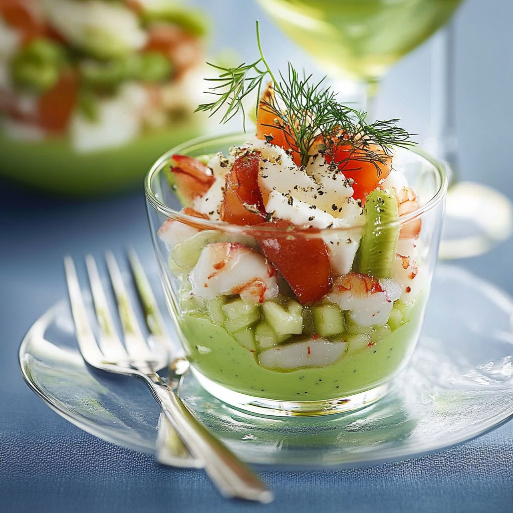 A glass bowl of food with a fork and a wine glass.