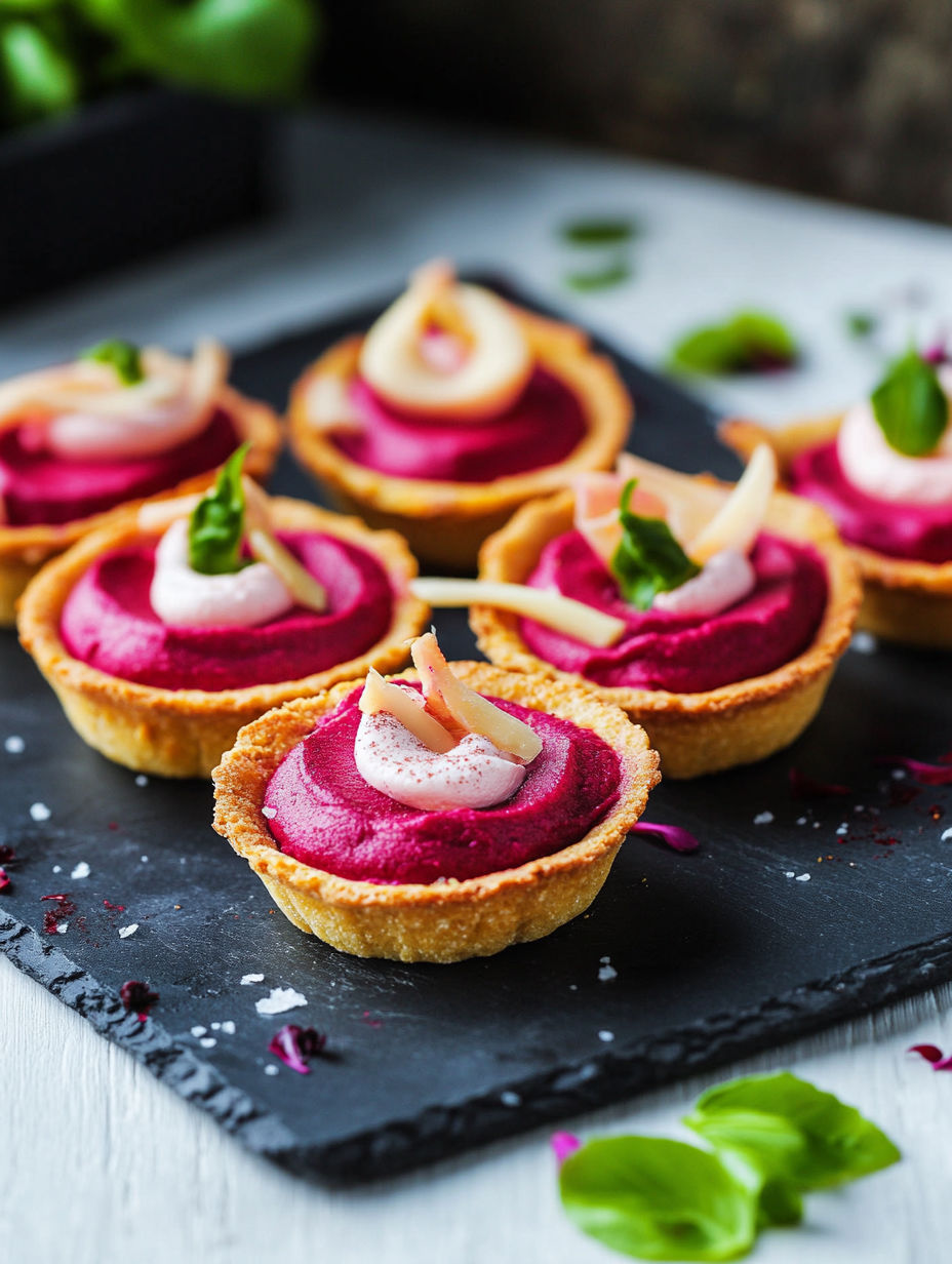 A plate of food with a purple sauce.