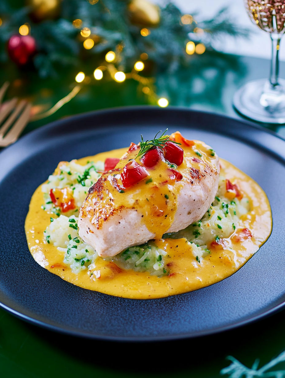 A plate of food with a chicken breast and potatoes.