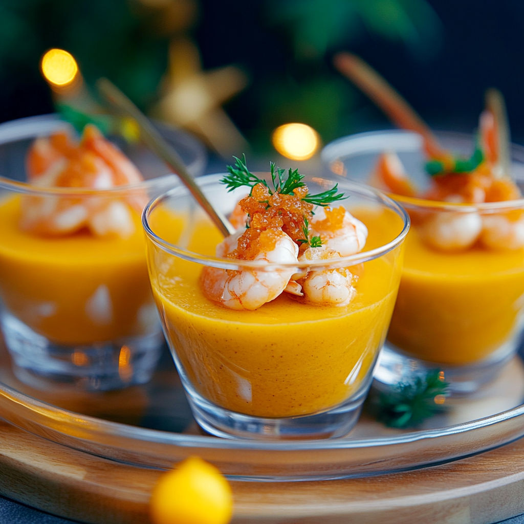 Three small glasses filled with a creamy orange sauce and shrimp.