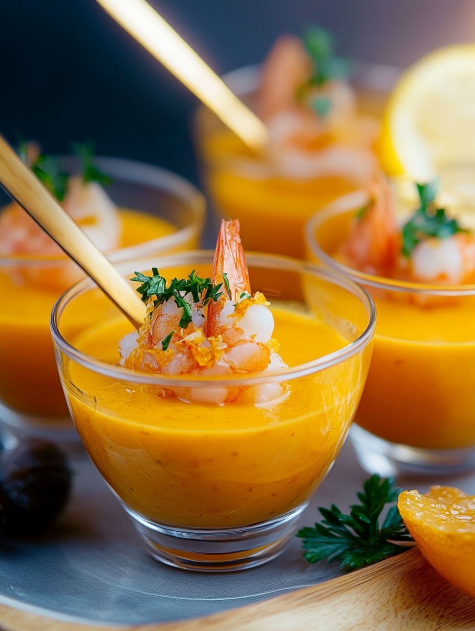 A bowl of shrimp soup with a lemon wedge on top.