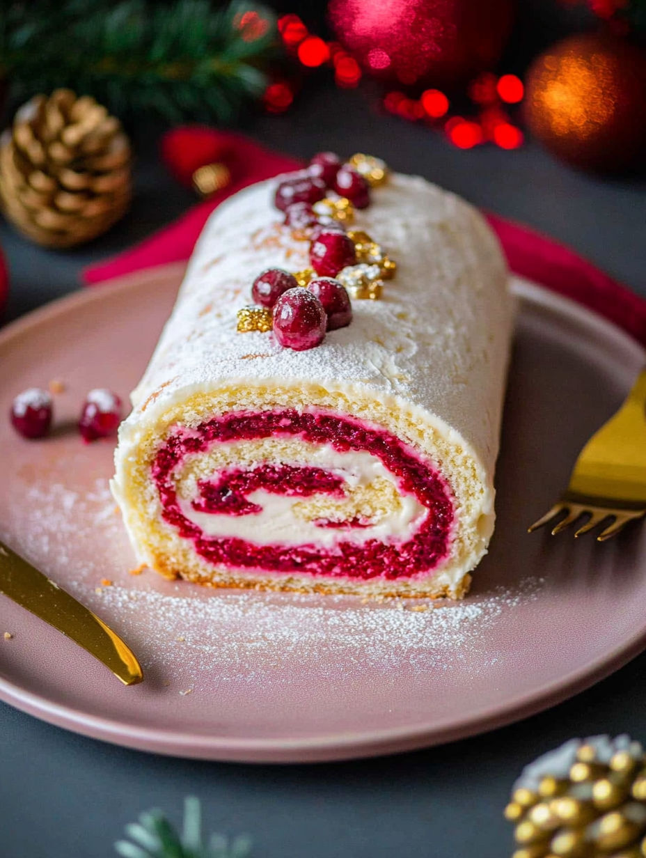 A cake with red icing and gold sprinkles.