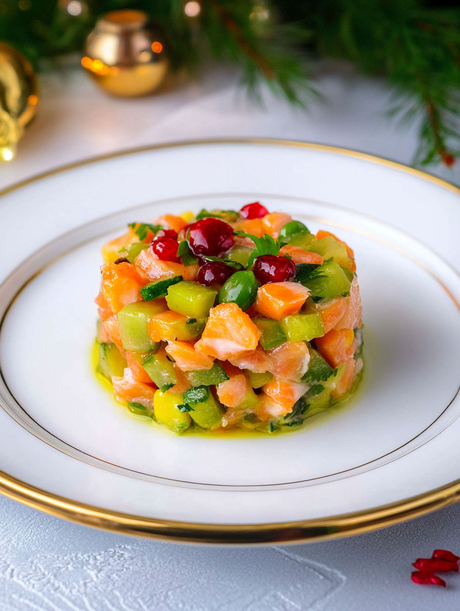 A plate of food with a cranberry on top.